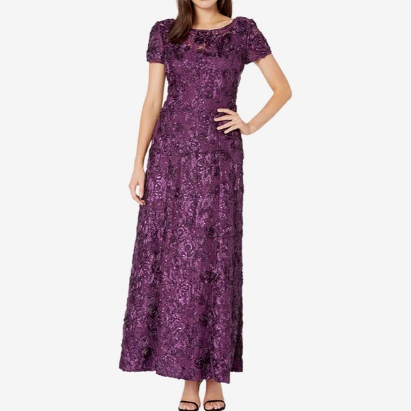 Alex Evenings Petite Rosette Lace Sequin Short Sleeve A-Line Gown 212788 - Picture 1 of 6
